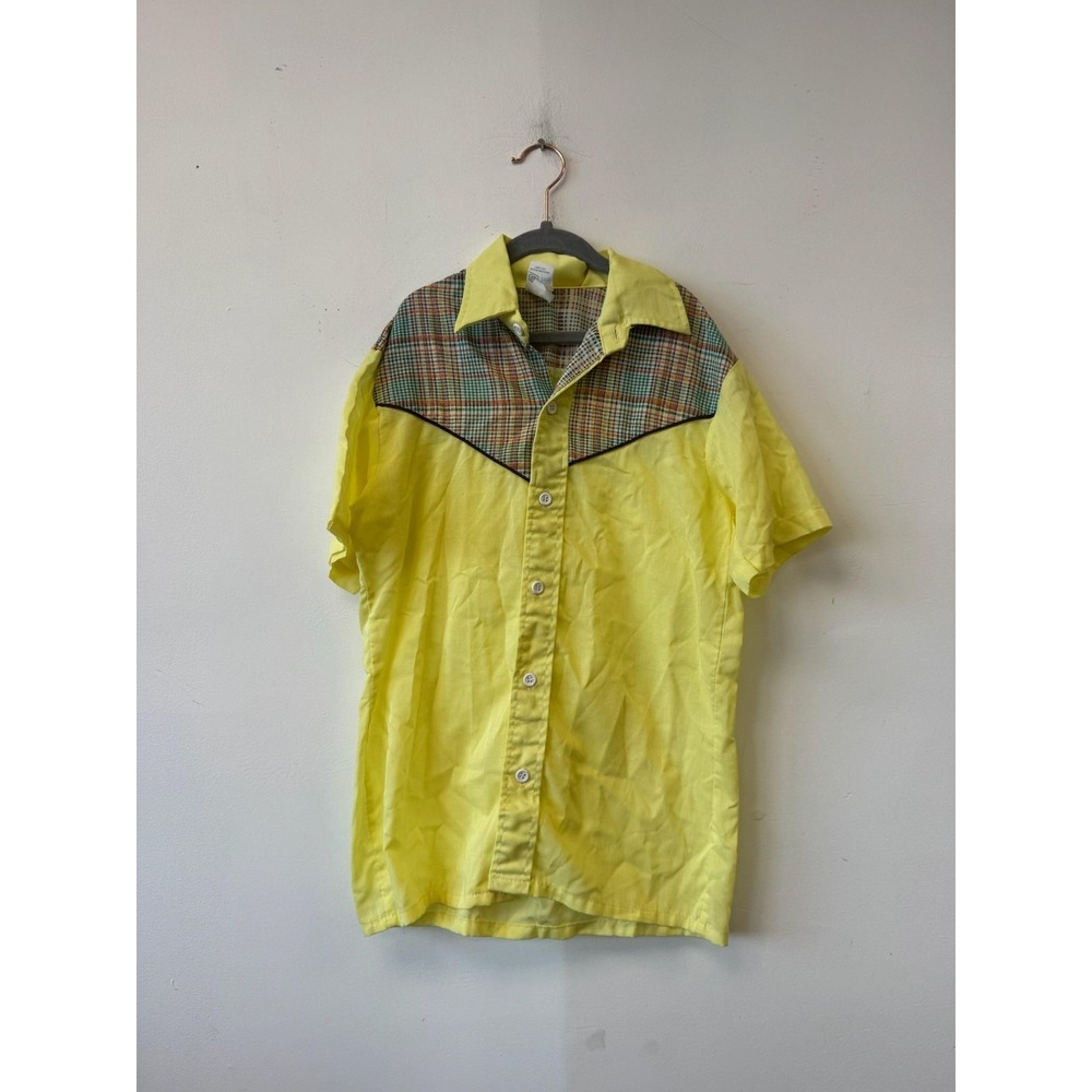 Vintage Sears Shirt Boys XL Yellow Western Plaid Perma-Prest Button Front‎ 70s